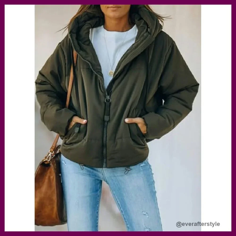 Oversized Puffer Jacket Winter Coat Full Zipper Hooded Chic Casual Outerwear - Picture 3 of 8